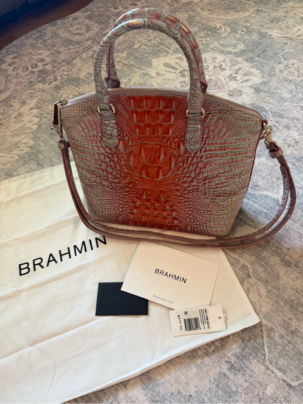NWT Brahmin STUNNING Coral & Teal Croc-Embossed Leather Satchel